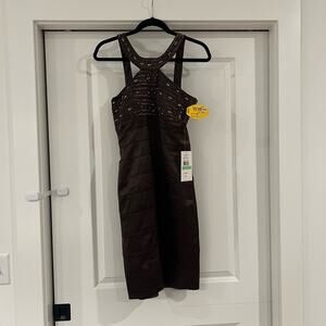 NWT Ignite Evenings Carol‎ Lin Women's Stretch Satin Halter Dress Brown Size 8